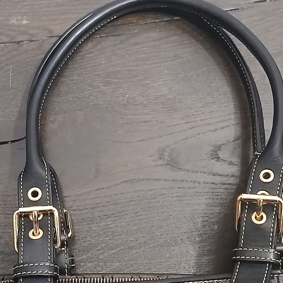 VINTAGE Dooney & Bourke Black Leather Gray Canvas Shoulder Bag Medium Size - Picture 8 of 11